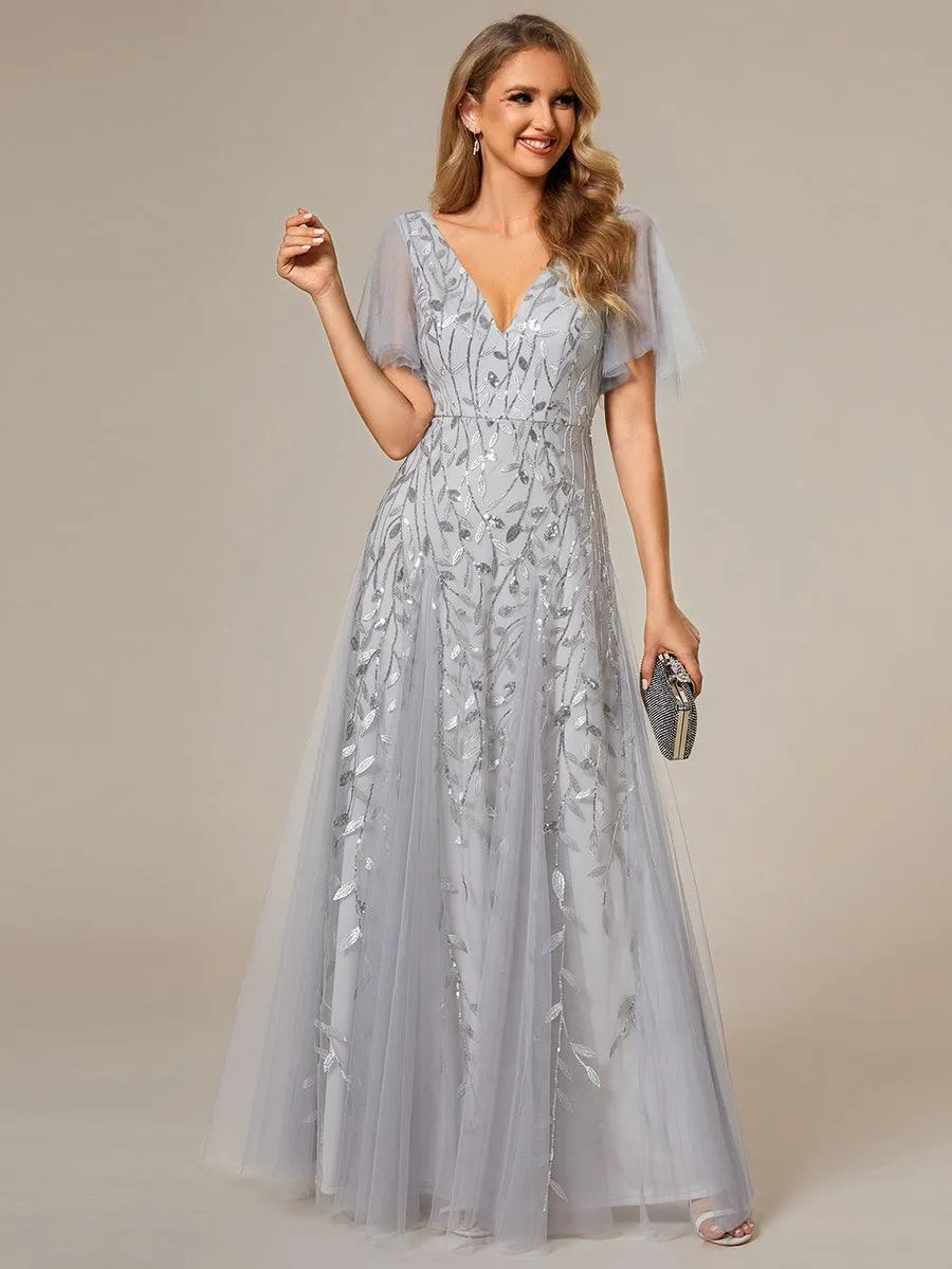 Robe de soirée de mariage à col en V et manches à volants