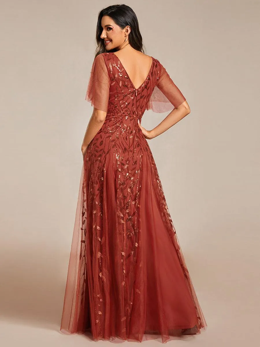 Robe de soirée de mariage à col en V et manches à volants