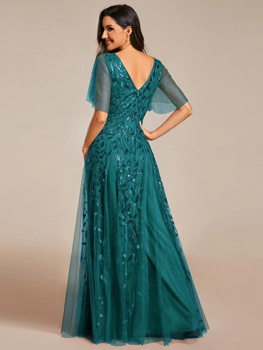 Robe de soirée de mariage à col en V et manches à volants