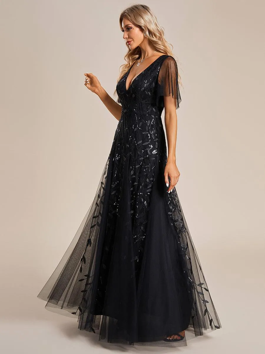 Robe de soirée de mariage à col en V et manches à volants