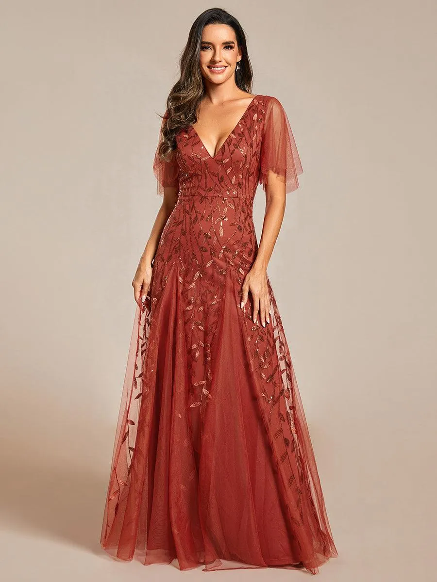 Robe de soirée de mariage à col en V et manches à volants