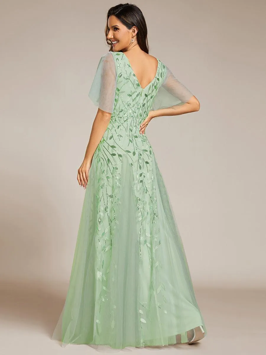 Robe de soirée de mariage à col en V et manches à volants