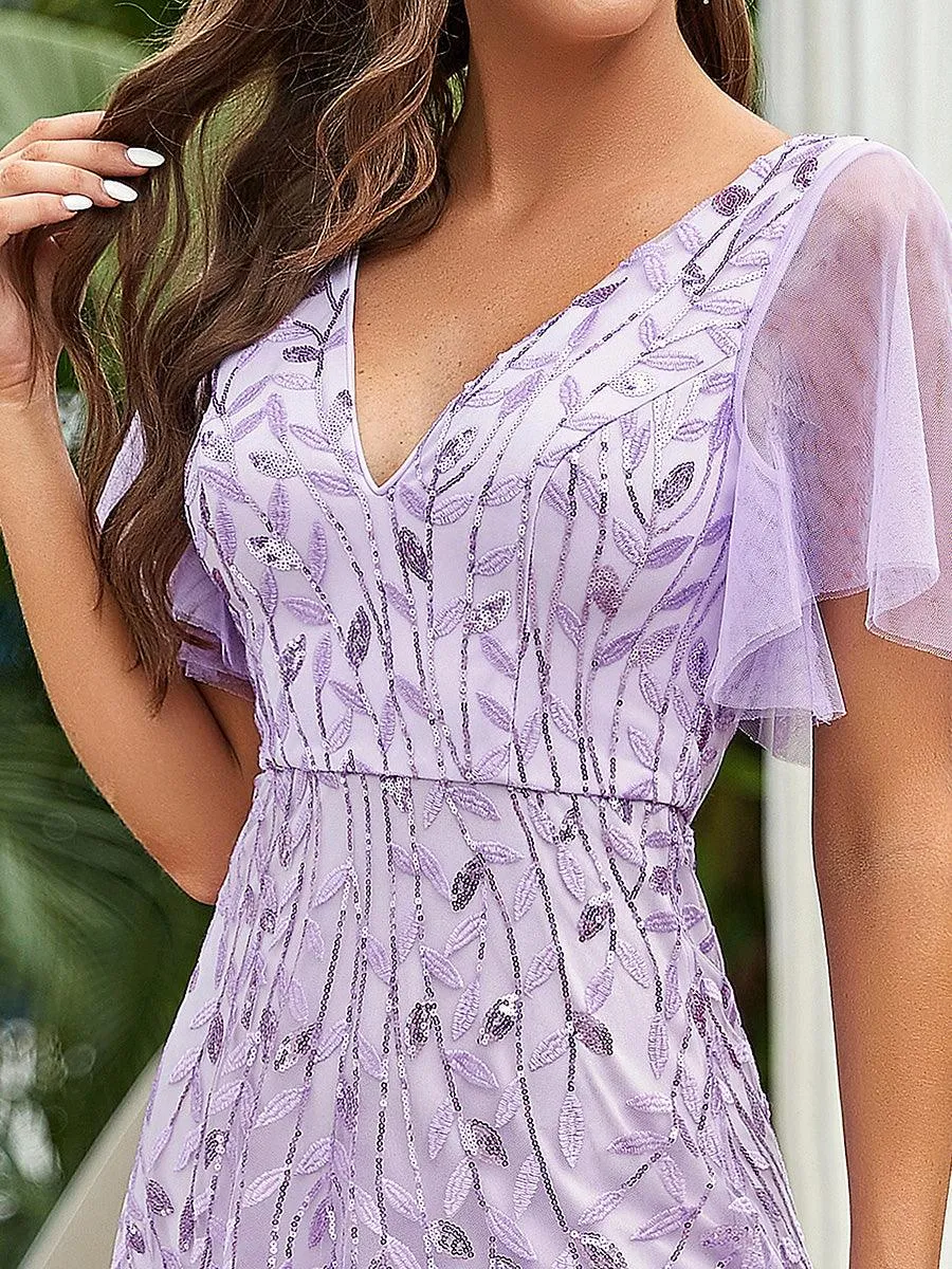 Robe de soirée de mariage à col en V et manches à volants