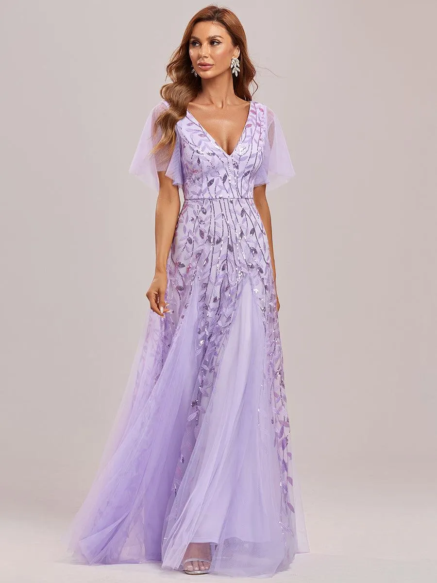 Robe de soirée de mariage à col en V et manches à volants