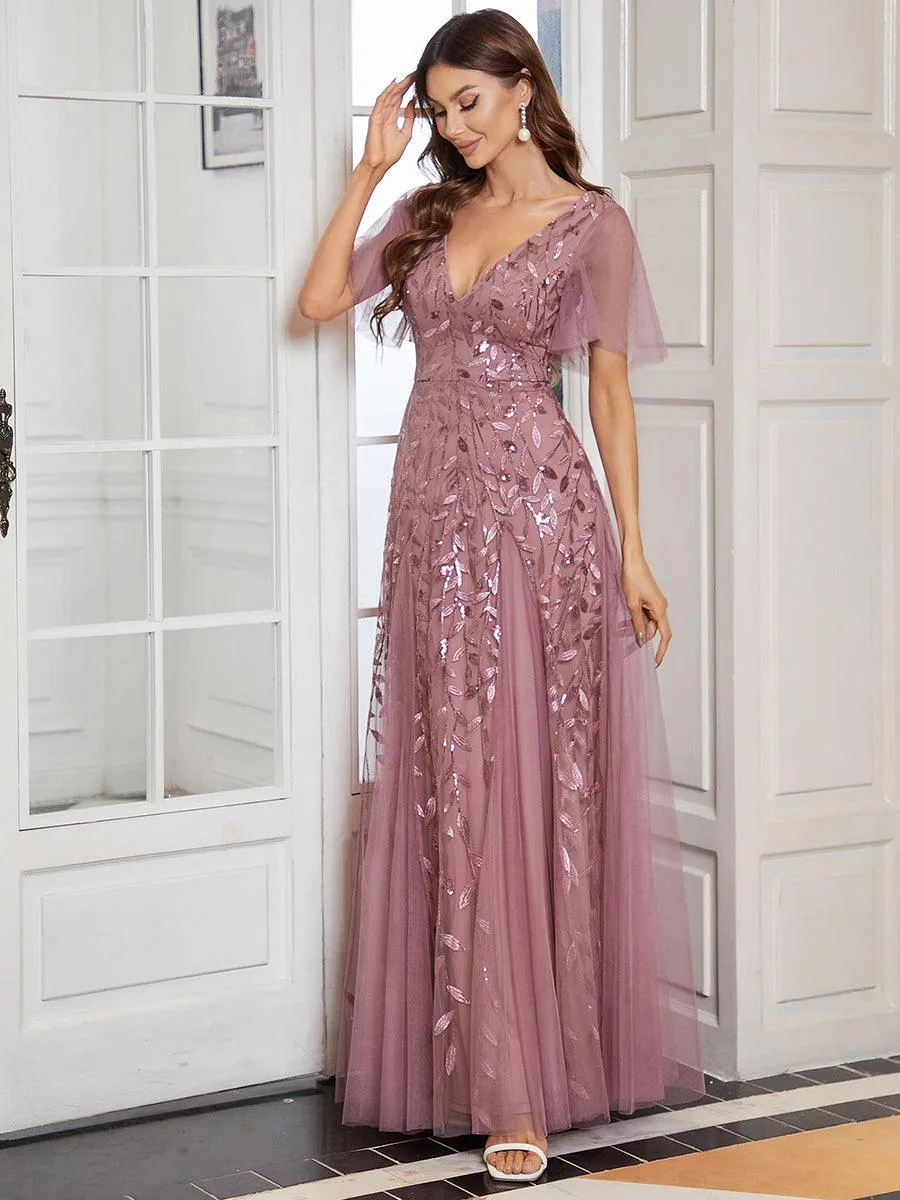 Robe de soirée de mariage à col en V et manches à volants