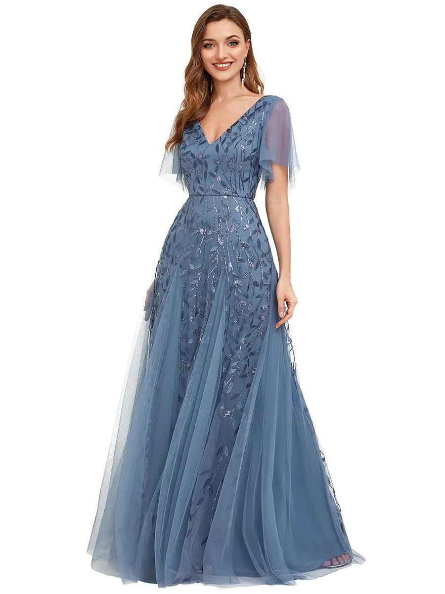 Robe de soirée de mariage à col en V et manches à volants