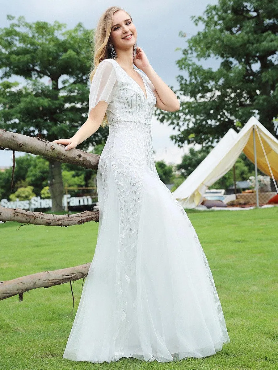 Robe de soirée de mariage à col en V et manches à volants
