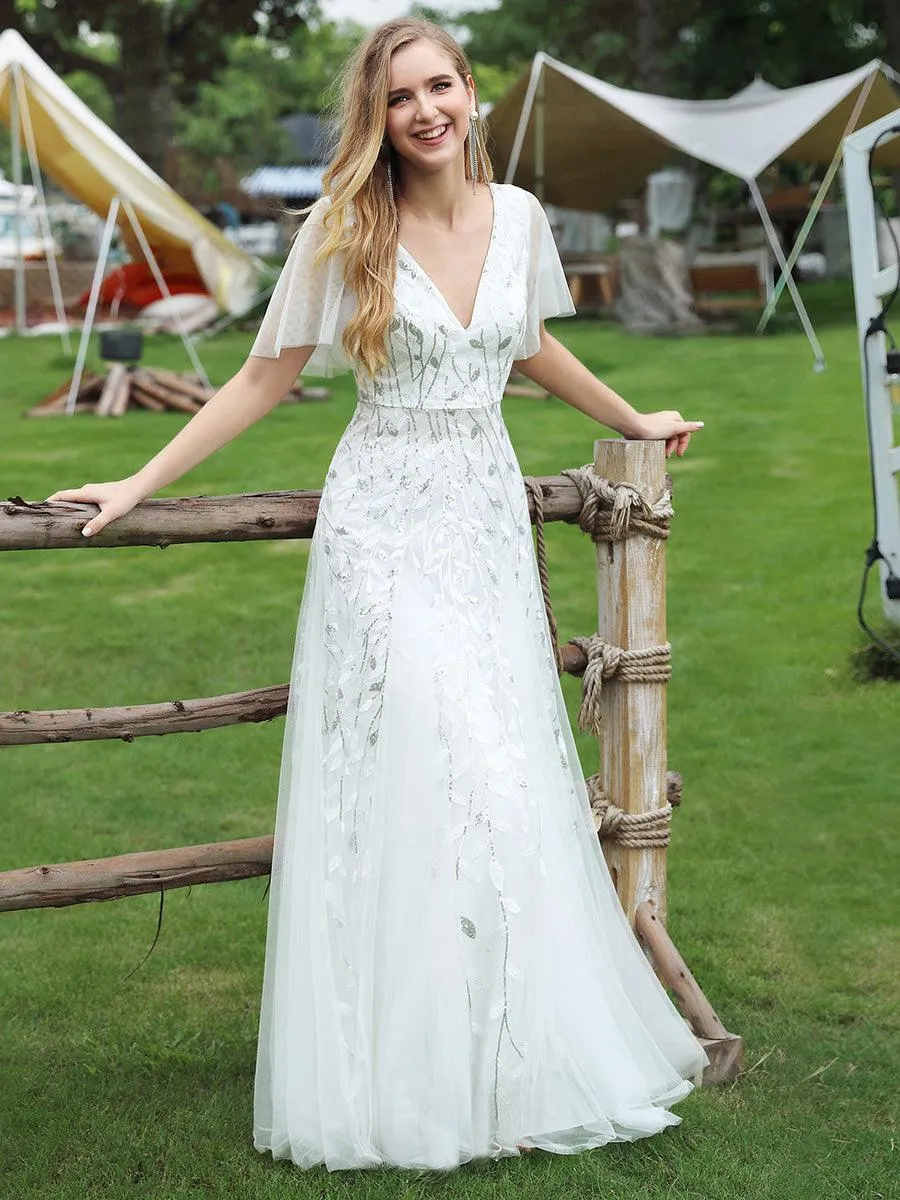 Robe de soirée de mariage à col en V et manches à volants