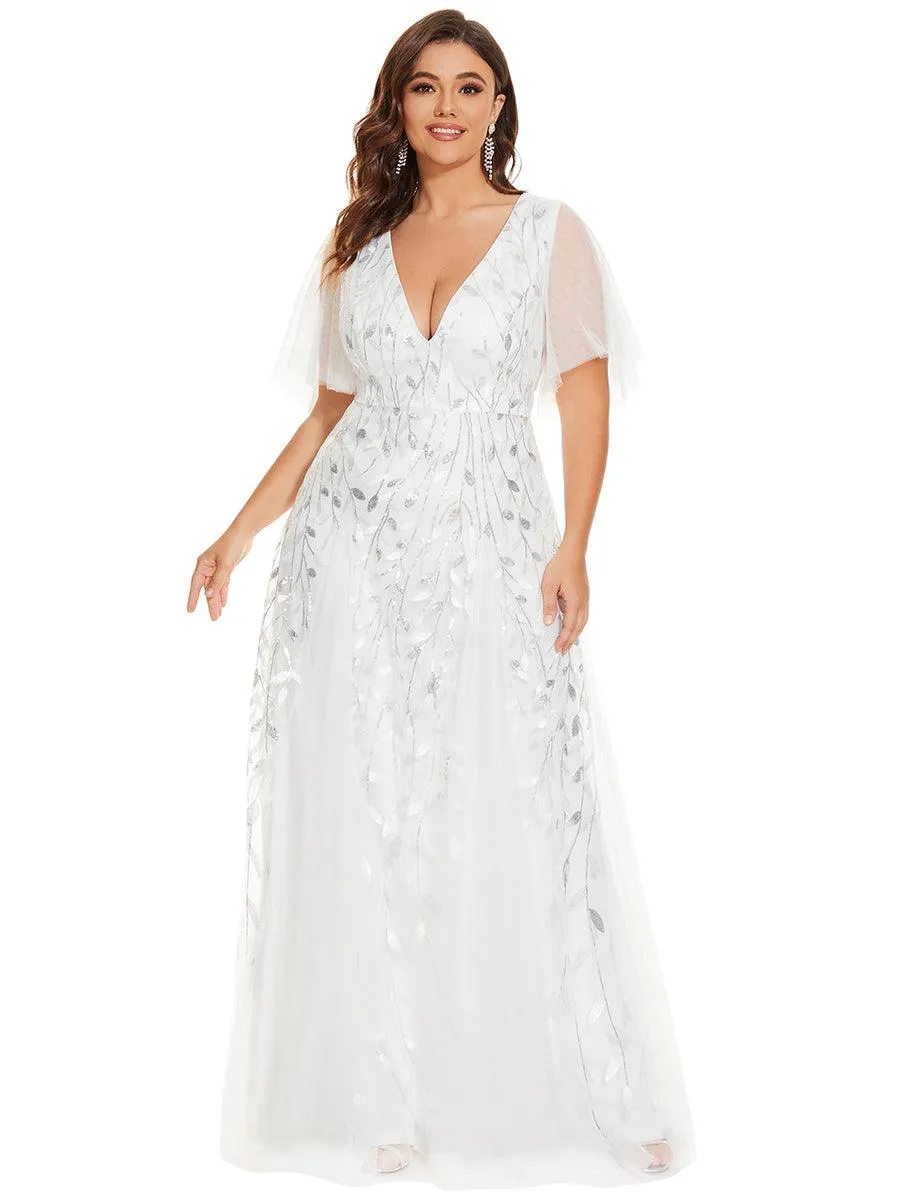 Robe de soirée de mariage à col en V et manches à volants
