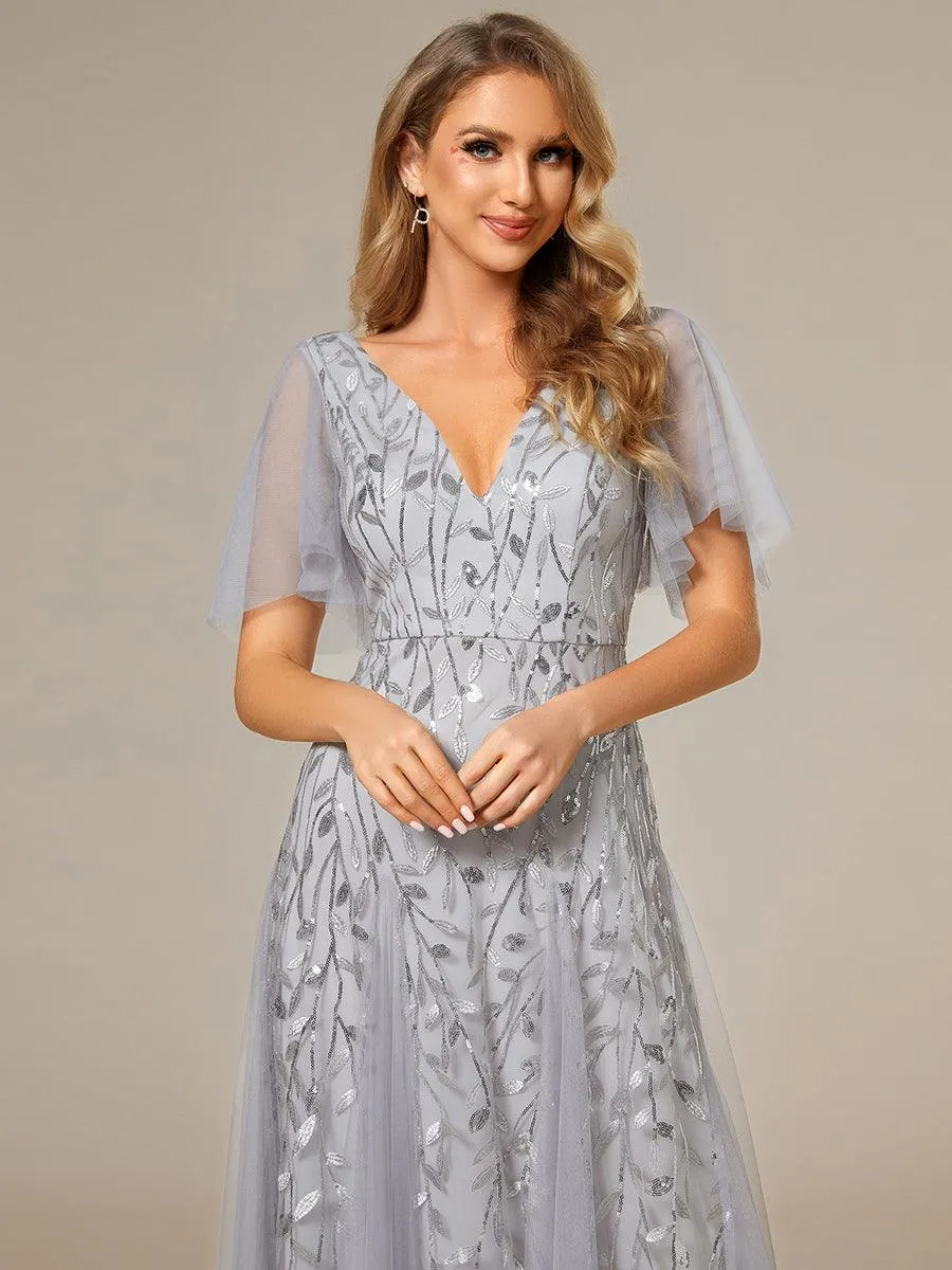Robe de soirée de mariage à col en V et manches à volants