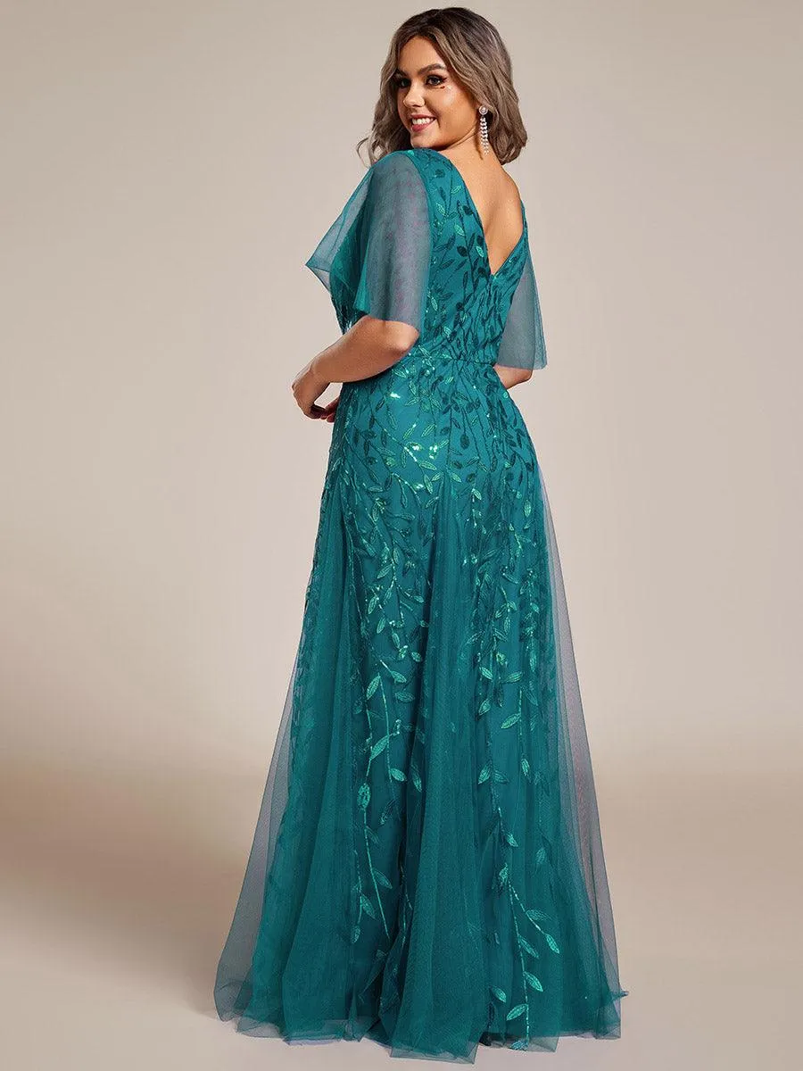 Robe de soirée de mariage à col en V et manches à volants