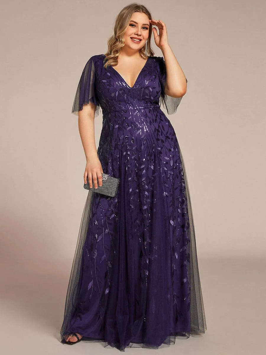 Robe de soirée de mariage à col en V et manches à volants