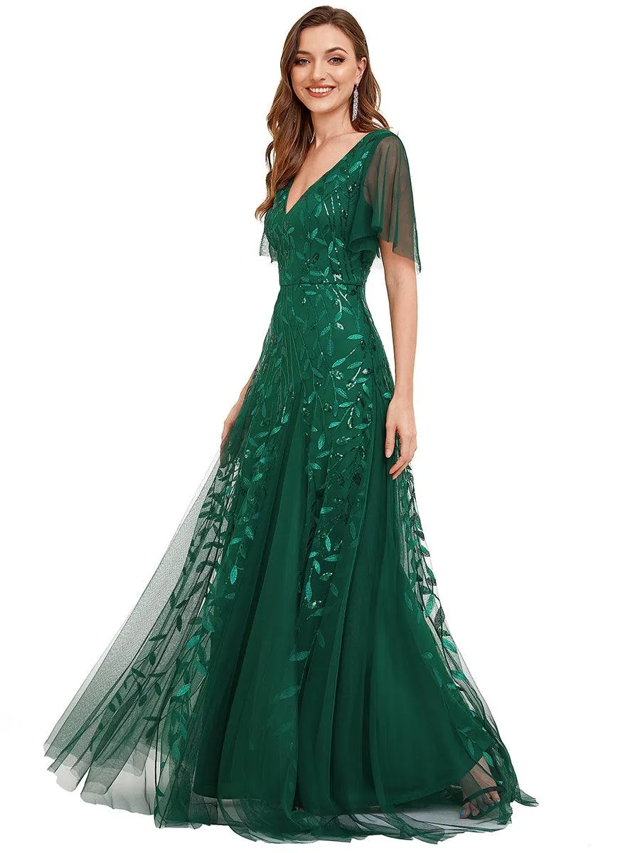 Robe de soirée de mariage à col en V et manches à volants