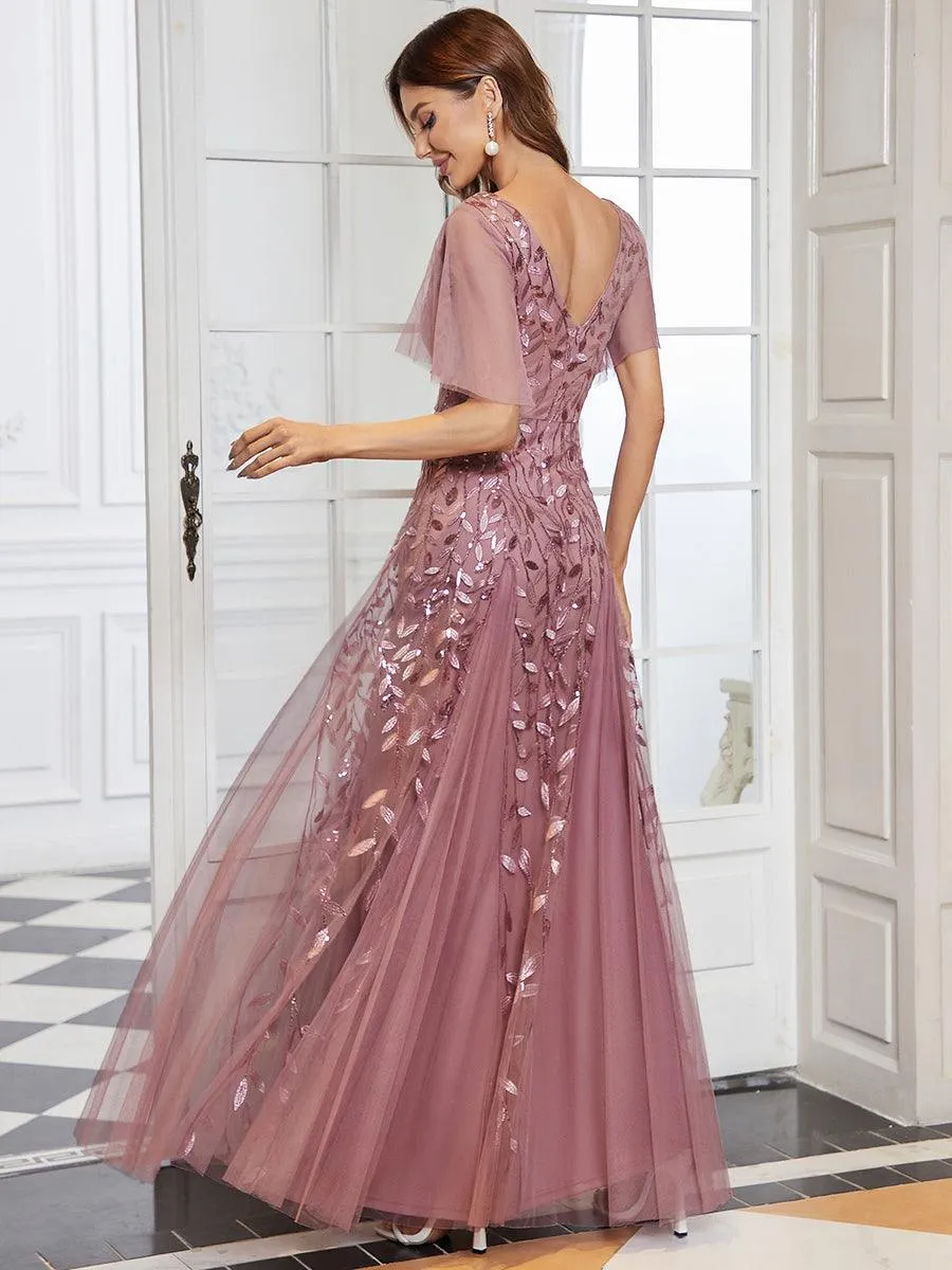 Robe de soirée de mariage à col en V et manches à volants