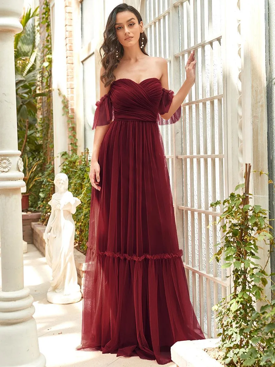 Robe de soirée en tulle plissée à épaules dénudées