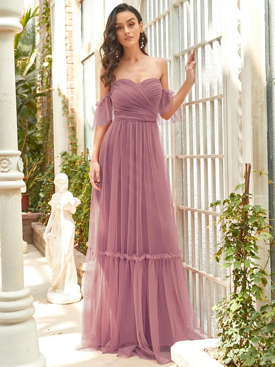 Robe de soirée en tulle plissée à épaules dénudées
