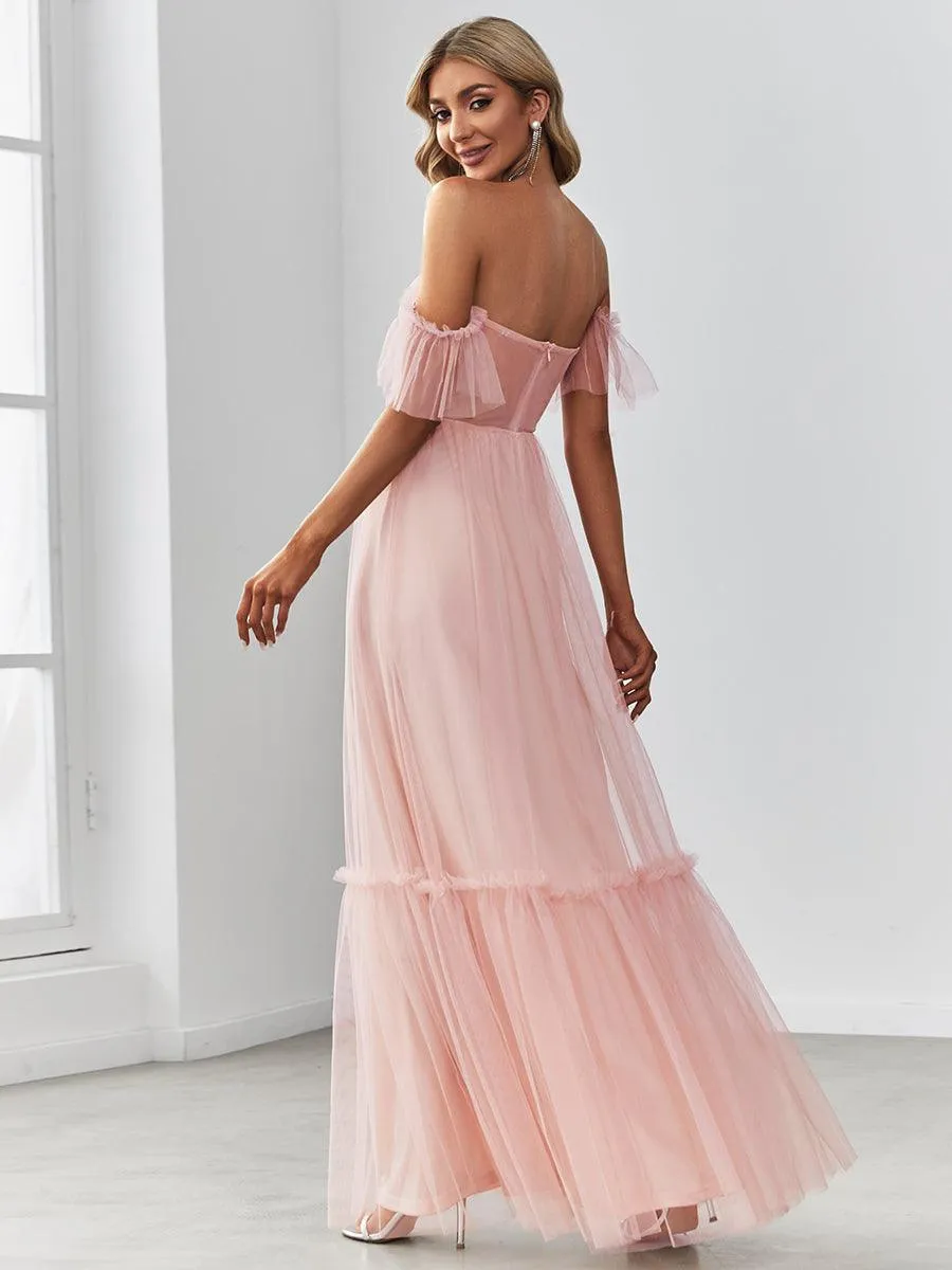 Robe de soirée en tulle plissée à épaules dénudées