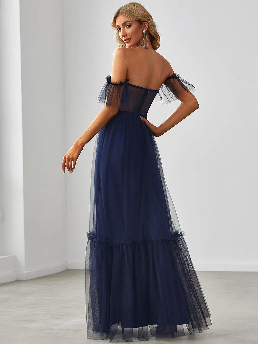 Robe de soirée en tulle plissée à épaules dénudées