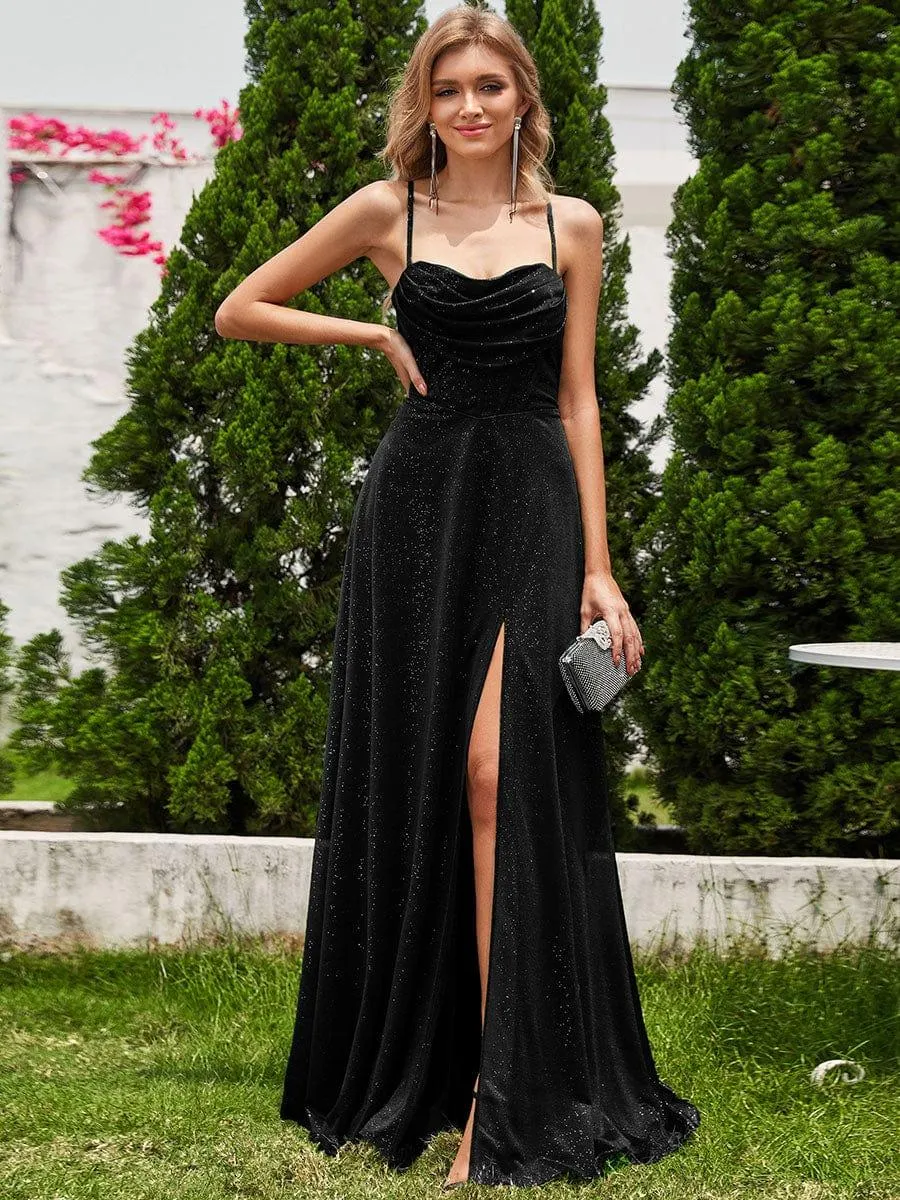 Robe de soirée sans manches à sequins et col bénitier à fente haute