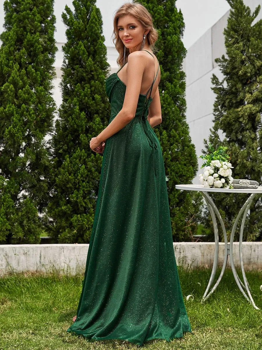 Robe de soirée sans manches à sequins et col bénitier à fente haute