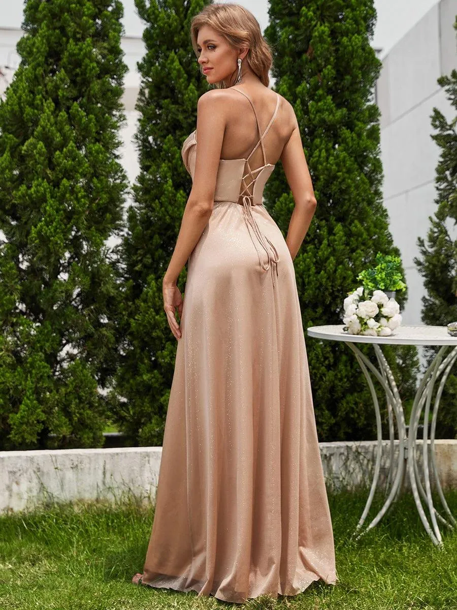 Robe de soirée sans manches à sequins et col bénitier à fente haute