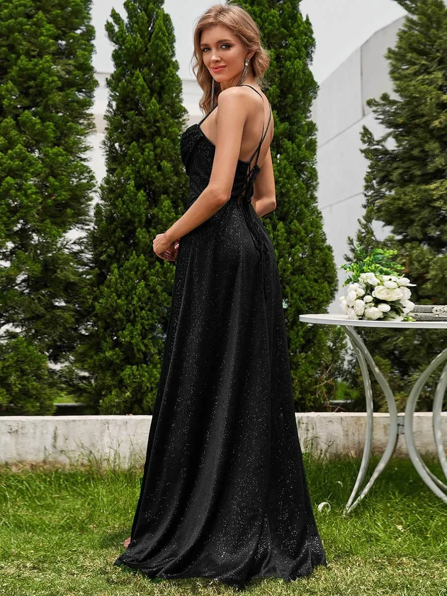 Robe de soirée sans manches à sequins et col bénitier à fente haute