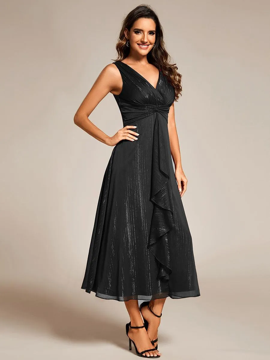 Robe d'invité de mariage scintillante sans manches avec nœud torsadé et ligne de feuille de lotus