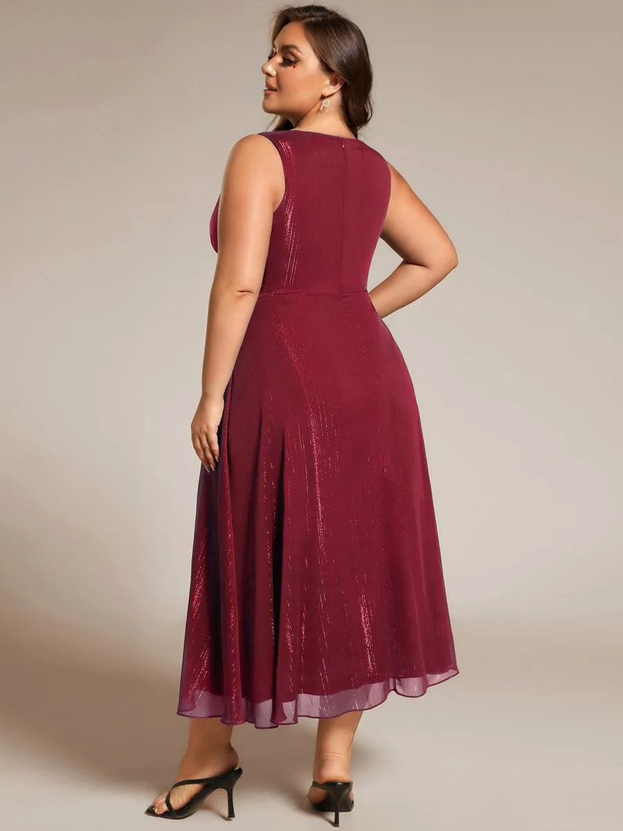 Robe d'invité de mariage scintillante sans manches avec nœud torsadé et ligne de feuille de lotus