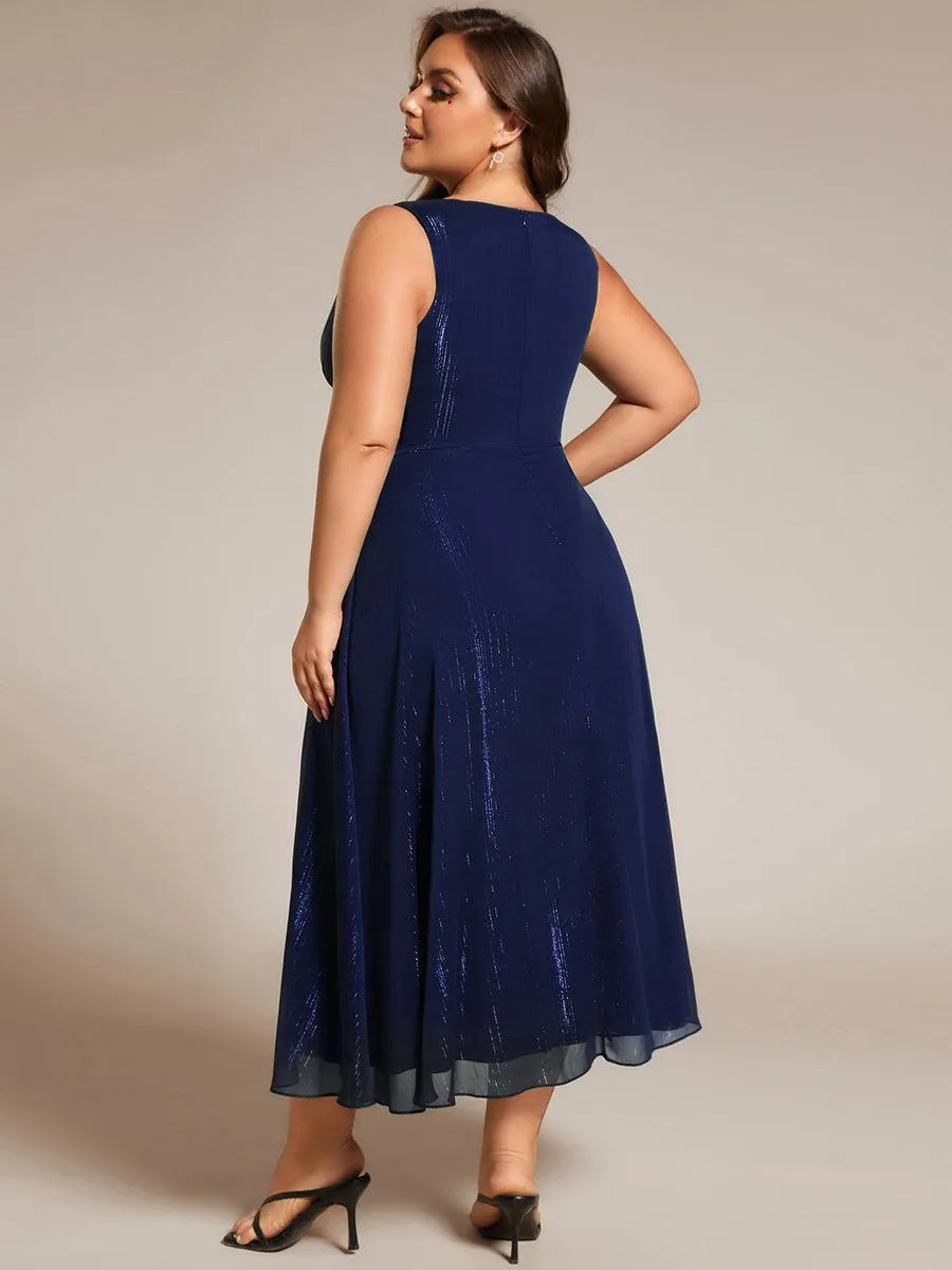 Robe d'invité de mariage scintillante sans manches avec nœud torsadé et ligne de feuille de lotus