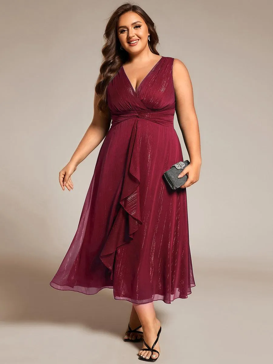 Robe d'invité de mariage scintillante sans manches avec nœud torsadé et ligne de feuille de lotus