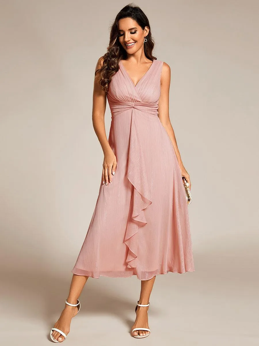 Robe d'invité de mariage scintillante sans manches avec nœud torsadé et ligne de feuille de lotus