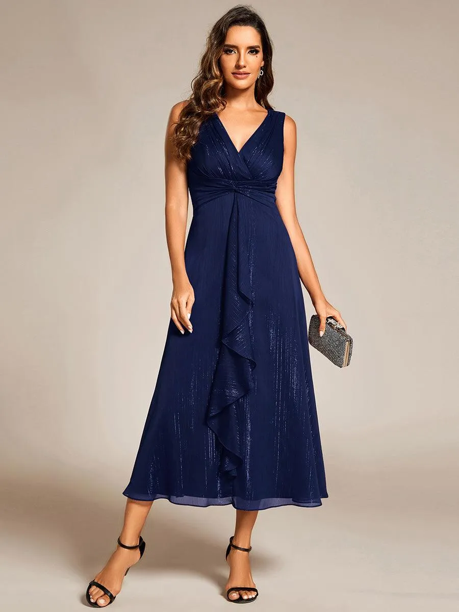 Robe d'invité de mariage scintillante sans manches avec nœud torsadé et ligne de feuille de lotus