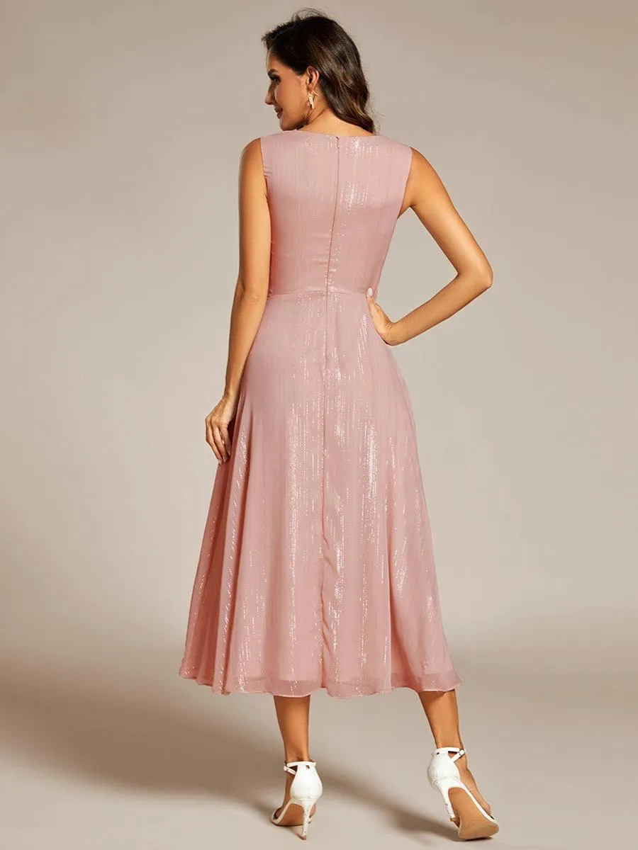 Robe d'invité de mariage scintillante sans manches avec nœud torsadé et ligne de feuille de lotus