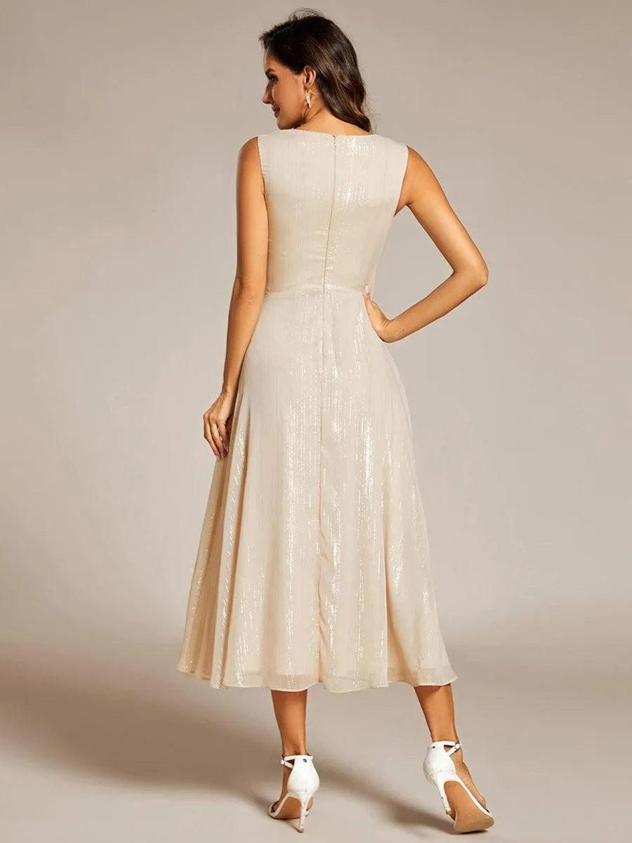 Robe d'invité de mariage scintillante sans manches avec nœud torsadé et ligne de feuille de lotus