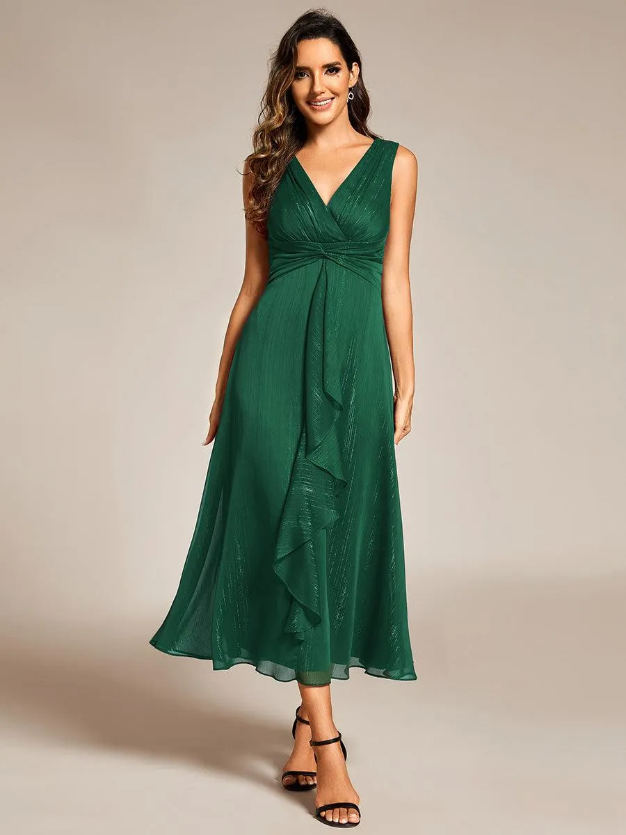 Robe d'invité de mariage scintillante sans manches avec nœud torsadé et ligne de feuille de lotus