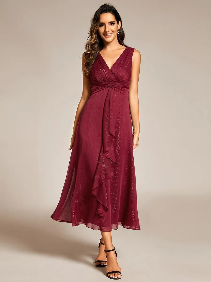 Robe d'invité de mariage scintillante sans manches avec nœud torsadé et ligne de feuille de lotus