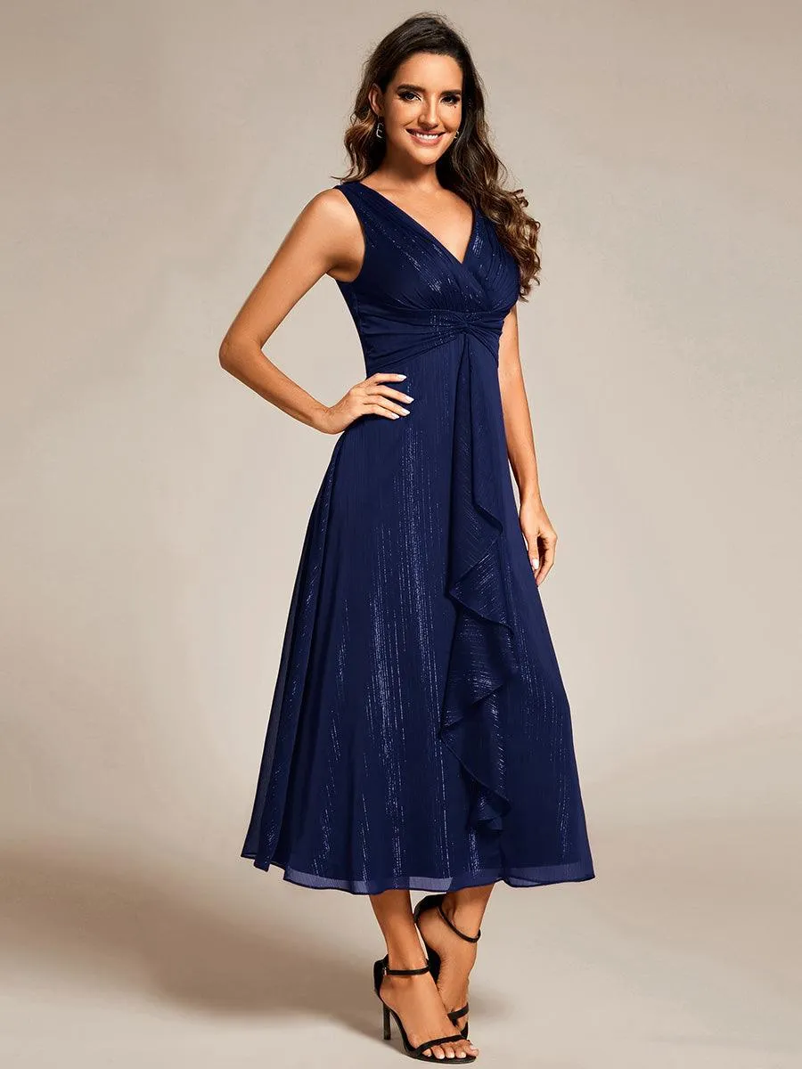 Robe d'invité de mariage scintillante sans manches avec nœud torsadé et ligne de feuille de lotus
