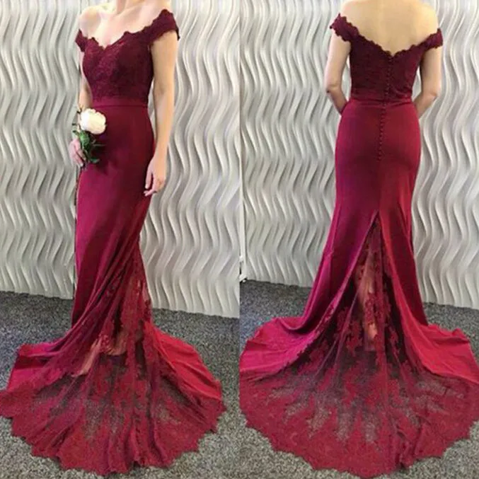 Roycebridal Lace Burgundy Bridesmaid Dress Off-the-Shoulder Mermaid Prom Dresses