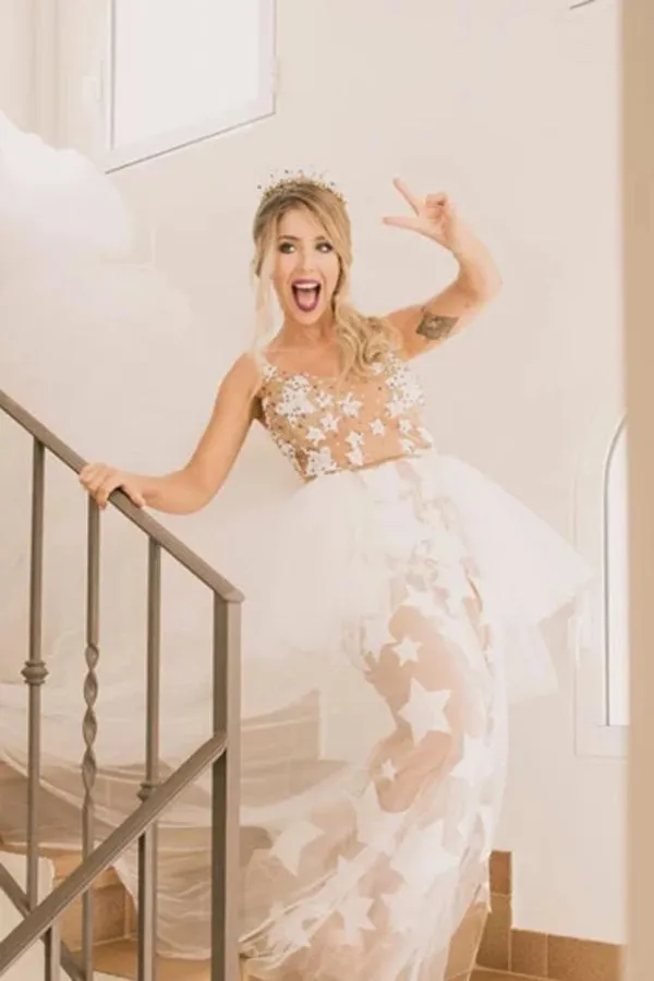 Roycebridal Unique See Through Ivory Stars Lace Pattern Bridal Dress Edgy Wedding Dresses,MW372
