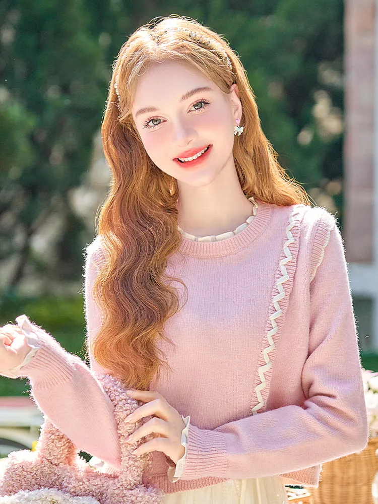 Ruffle Ribbon Detail Pink Knit