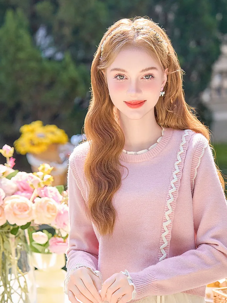 Ruffle Ribbon Detail Pink Knit