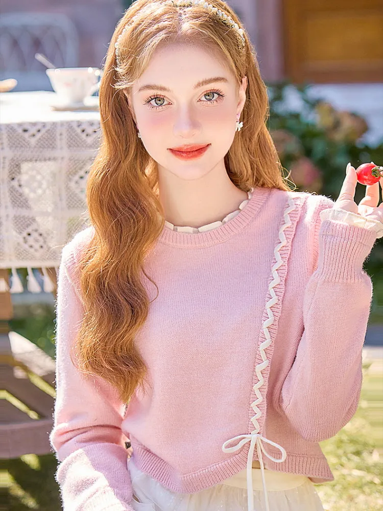 Ruffle Ribbon Detail Pink Knit