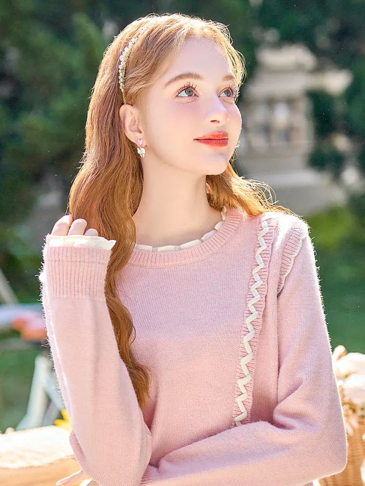 Ruffle Ribbon Detail Pink Knit