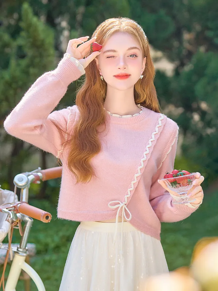 Ruffle Ribbon Detail Pink Knit
