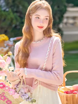 Ruffle Ribbon Detail Pink Knit