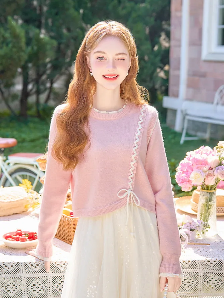 Ruffle Ribbon Detail Pink Knit
