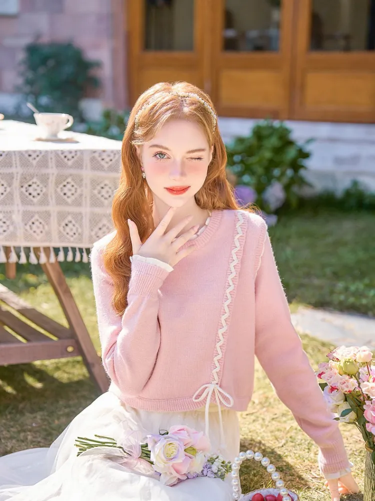Ruffle Ribbon Detail Pink Knit