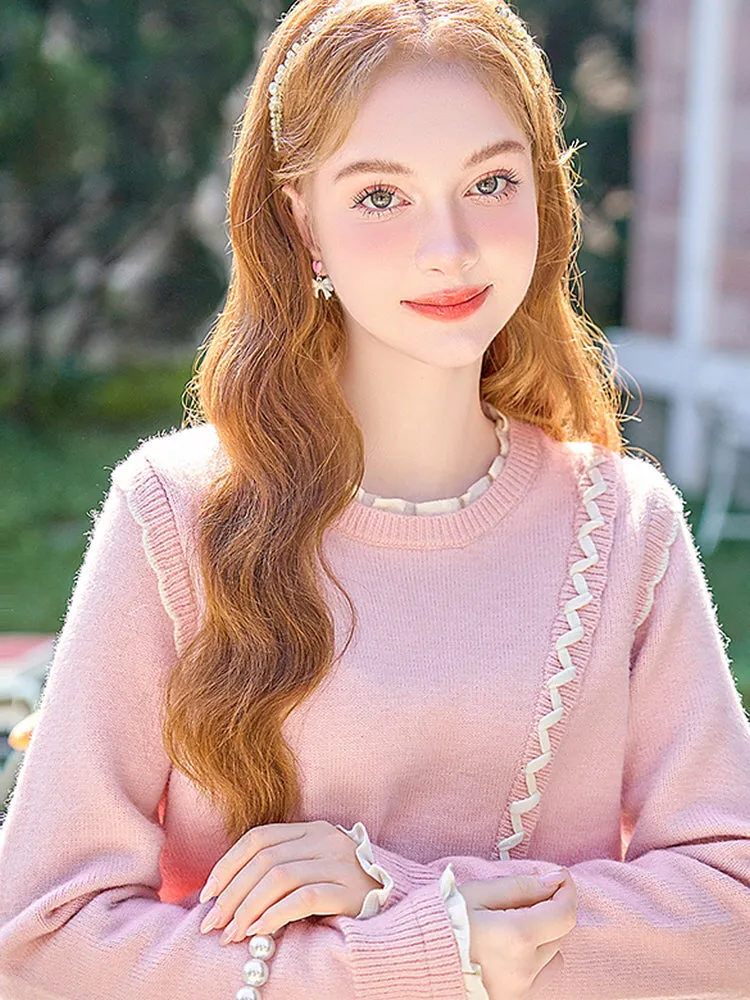 Ruffle Ribbon Detail Pink Knit