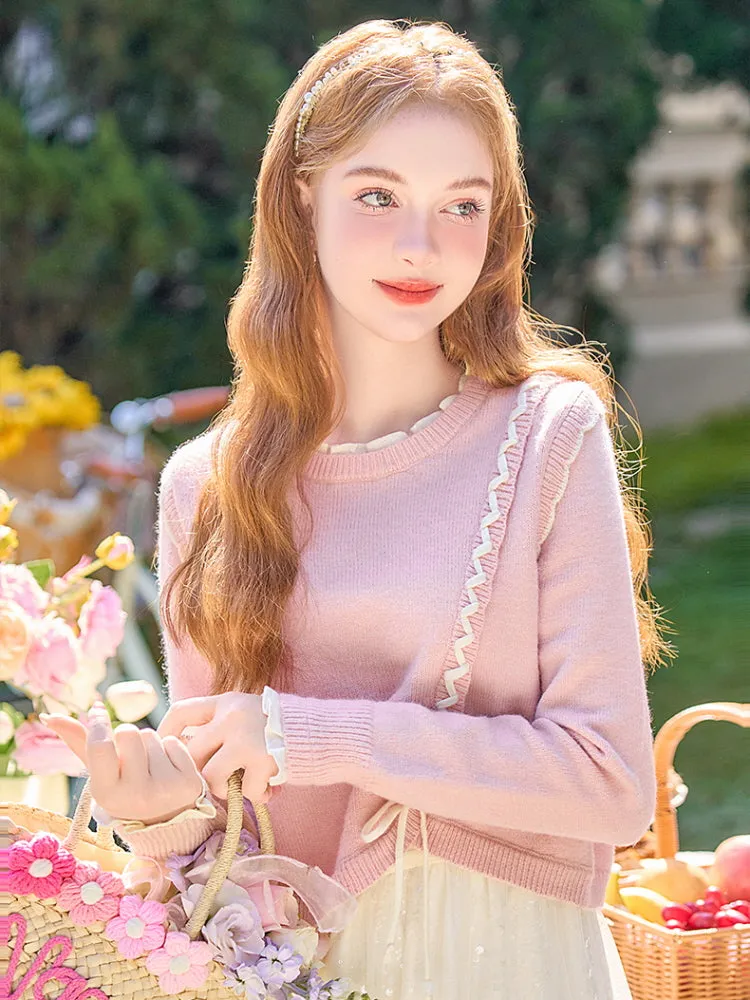 Ruffle Ribbon Detail Pink Knit