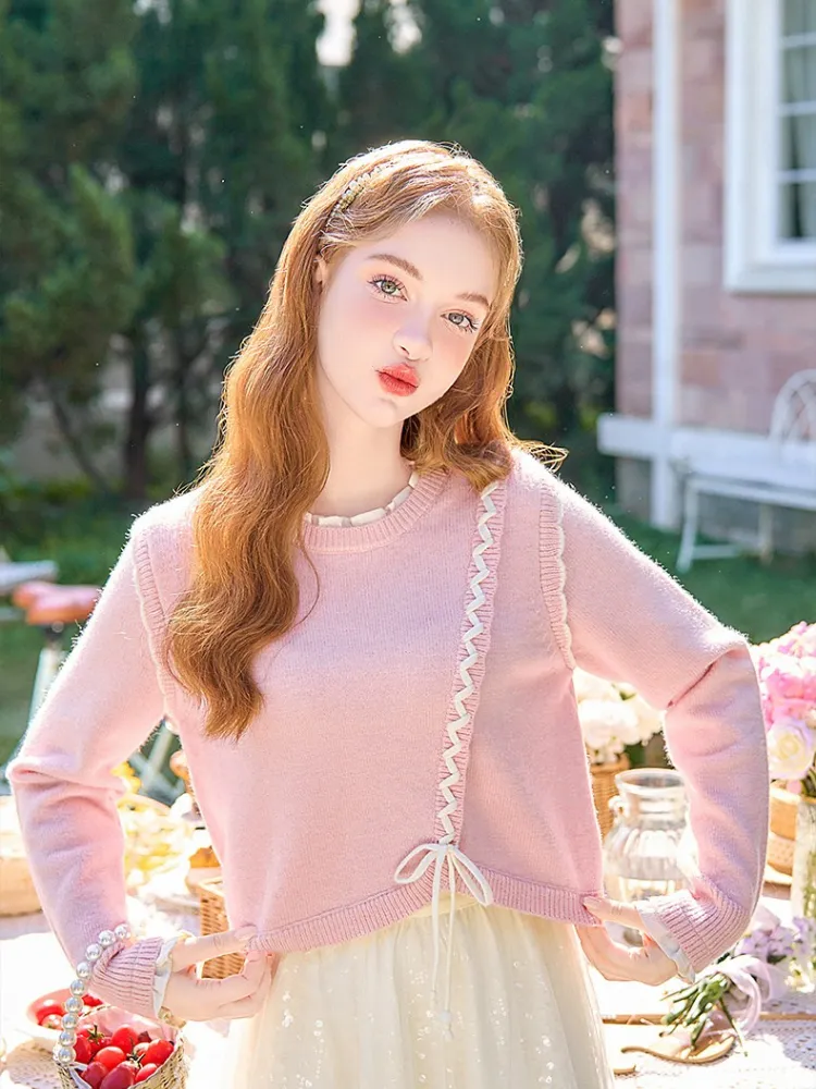 Ruffle Ribbon Detail Pink Knit